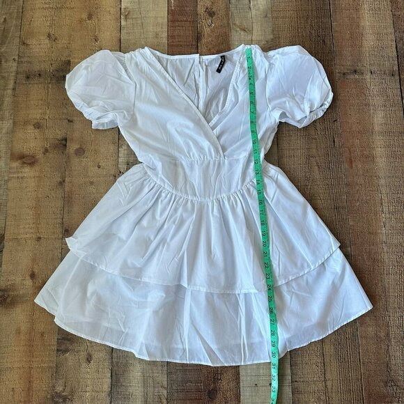 AsYou White Puff Sleeve Poplin Plunge Rara Mini Dress Size 6 - Picture 3 of 6